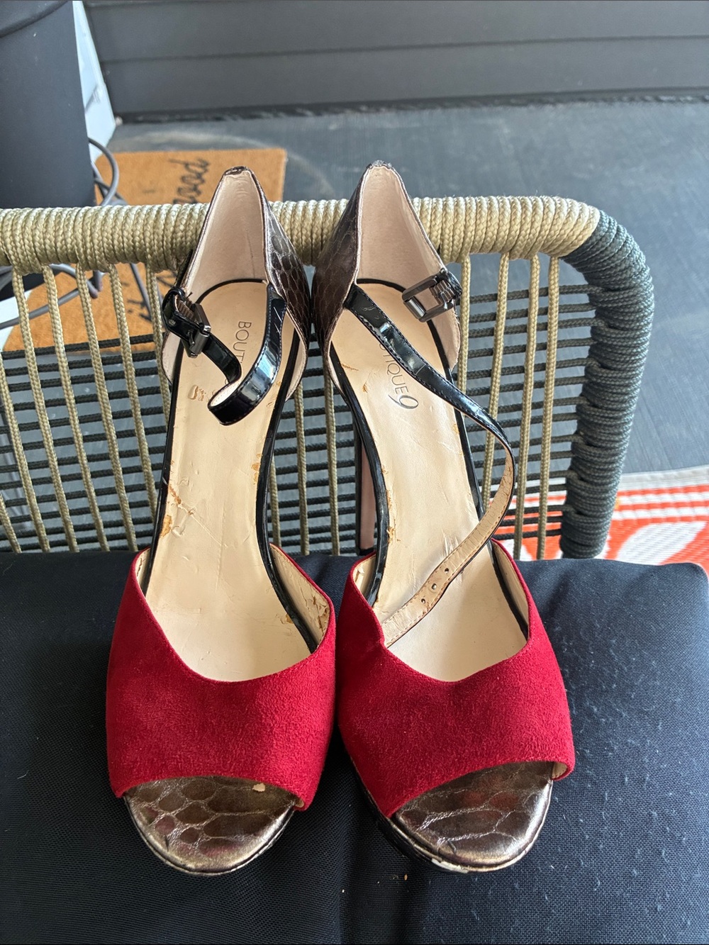 Boutique 9 Red Suede Peep-Toe Heels with Ankle Strap